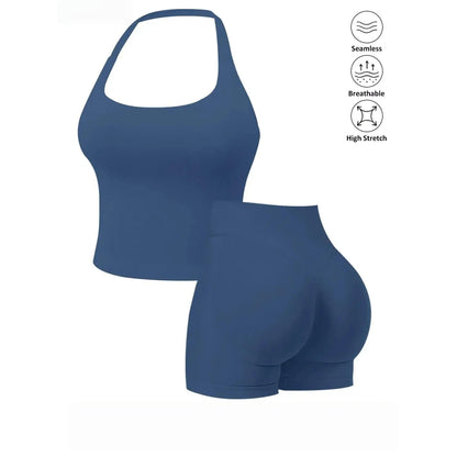 Seamless 2 Piece Workout Athleisure Sets for Women, Halter Built-In Bra Tank Top & Scrunch Booty Shorts, Breathable Quick Dry Activewear for Yoga Gym Running Summer Free Shipping