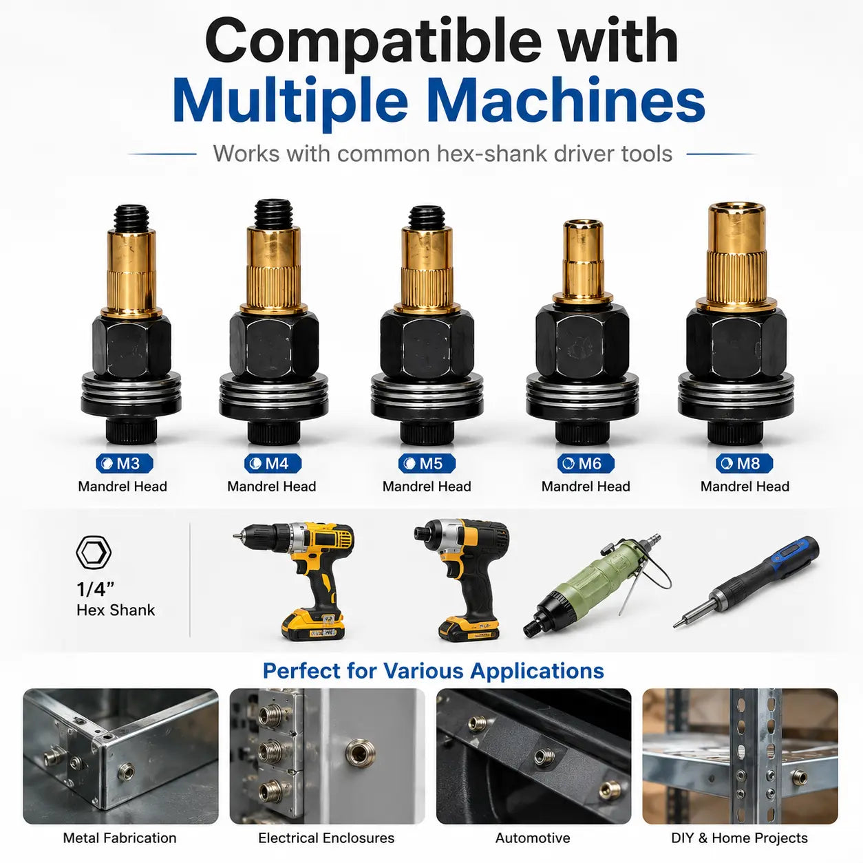 Rivet Nut Tool Kit, Rivet Nut Adapter Set with M3 M4 M5 M6 M8 Mandrel Heads & Hex Driver Bits, Nutsert Installation Kit for Drill, Metal Sheet, Automotive, Furniture & DIY Repair