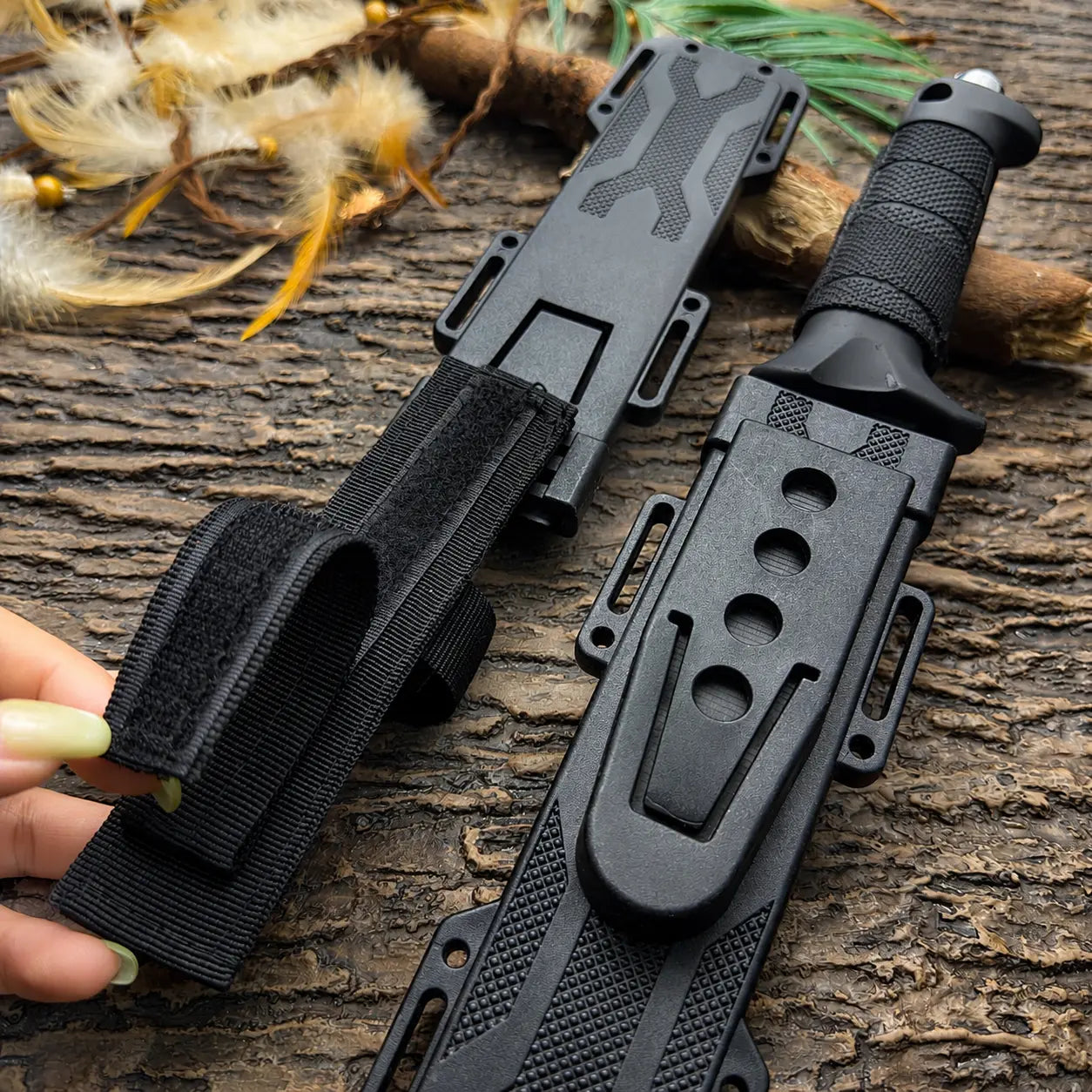 Multi Profile Kitchen Meat Cutting Knife - Black Coated Stainless Steel Fixed Blade with Segmented Textured Anti-Slip Handle for Household Food Prep, Kitchen Knives