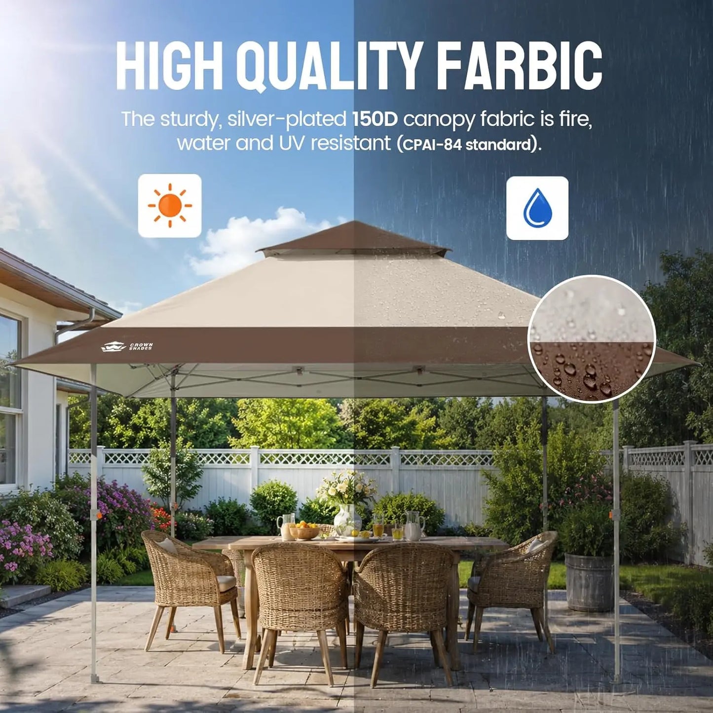 CROWN SHADES 13X13 Pop up Canopy, Outdoor Canopy Tent, Gazebo for Backyard & Patio Furniture, Foldable Sun Shade, Beige&Coffee