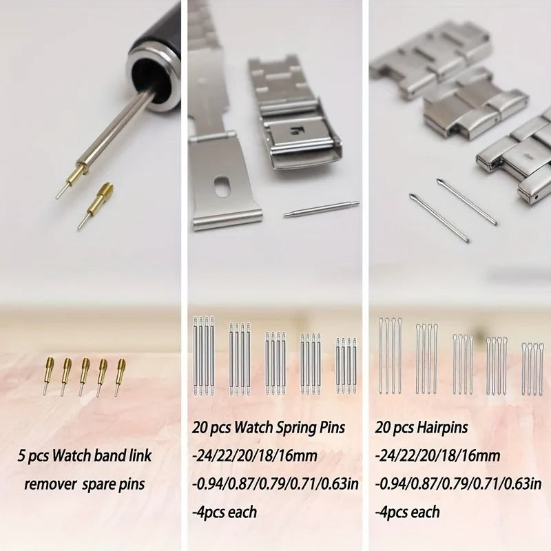 Watch Link Removal Kit, Watch Band Adjustment Strap Pin Removal Tool Kit, Watch Chain Sizing Tool , Spring Bar Tool, Hammer