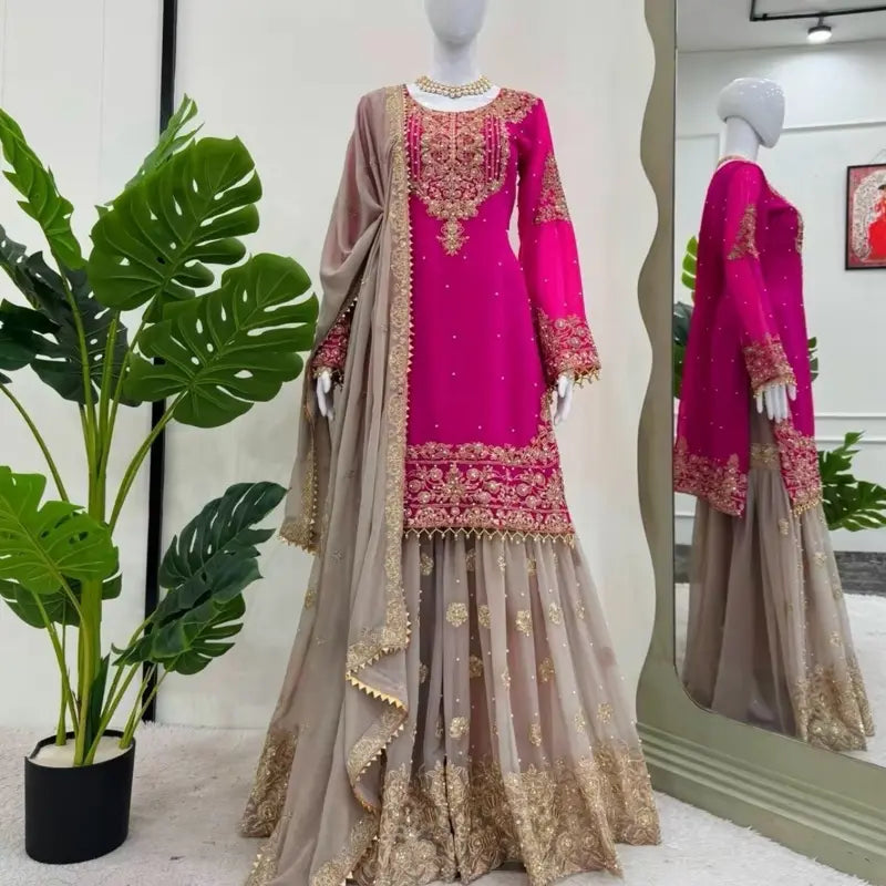 Women Faux Georgette Sharara Indian Suit Party Wear Wedding Set