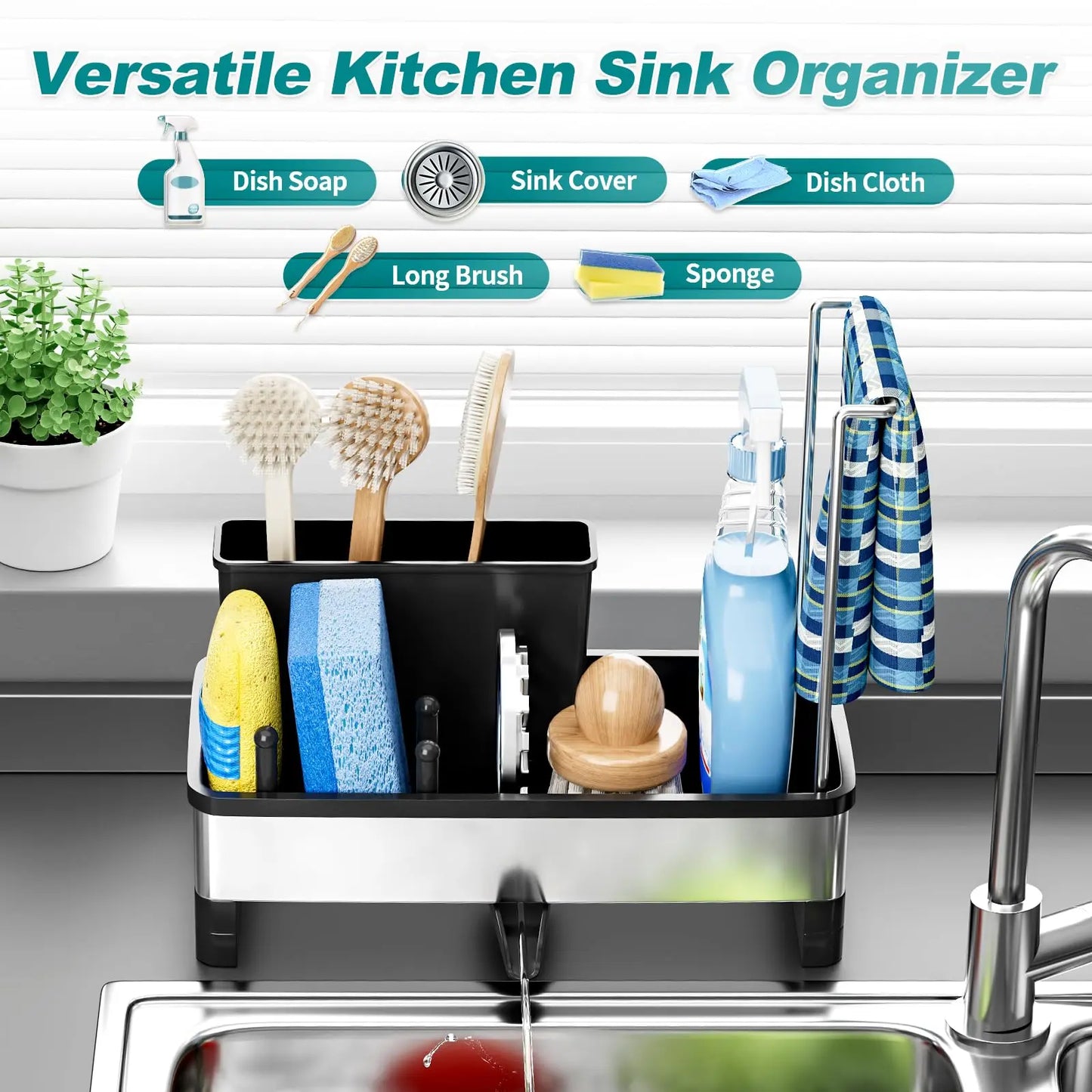 Stainless Steel Sink Caddy, Sponge Holder for Kitchen Sink with Brush Holder and Towel Rack, Sink Organizer for Countertop, Soap Dispenser Kitchen Organizers Storage Essentials