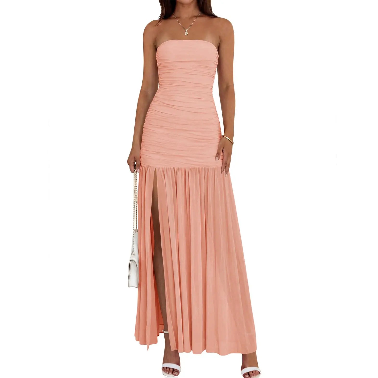Wenrine Women'S Summer Tube Top Dress Strapless Mesh Sexy Ruched Patchwork High Slit Long Cocktail Party Maxi Dresses