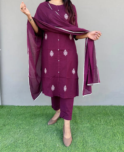 Maroon Indian Women 3Pcs Cotton Dress Suit Womenswear Aesthetic Asian Clothes Long Sleeve