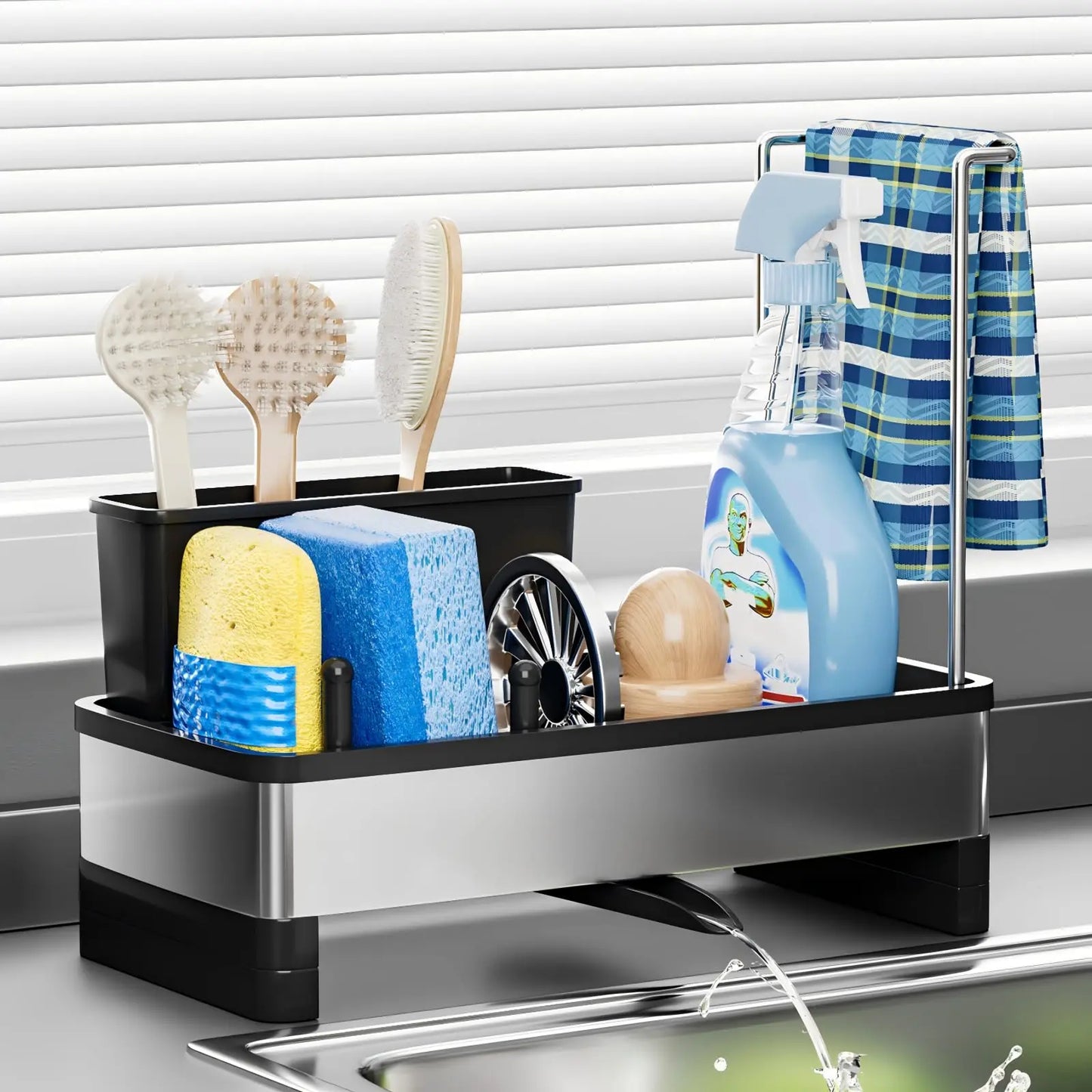 Stainless Steel Sink Caddy, Sponge Holder for Kitchen Sink with Brush Holder and Towel Rack, Sink Organizer for Countertop, Soap Dispenser Kitchen Organizers Storage Essentials
