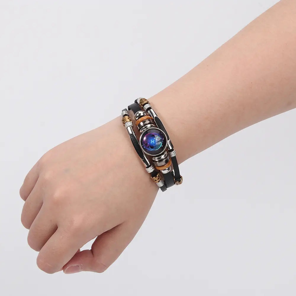 2Pcs Multilayer Constellation Zodiac Leather Bracelet Handmade Woven Zodiac Sign Wrap Bracelet Wristband for Women Men Jewelry Birthday Gift