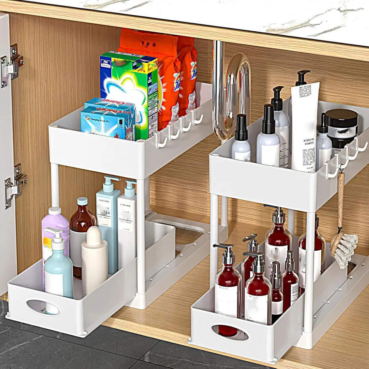 2Pcs under Sink Organizer - Multi-Purpose, 2 Tier Sliding Cabinet Basket, Metal Pipe, 8 Hooks for Kitchen and Bathoom under Sink Organizers and Storage