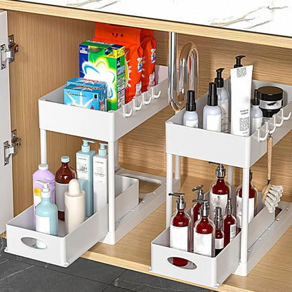 2Pcs under Sink Organizer - Multi-Purpose, 2 Tier Sliding Cabinet Basket, Metal Pipe, 8 Hooks for Kitchen and Bathoom under Sink Organizers and Storage