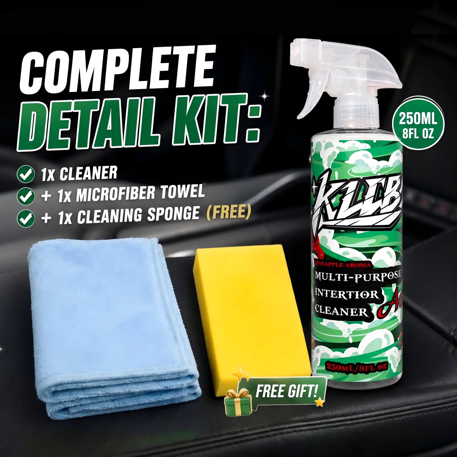 Multi-Purpose Car Interior Cleaner Spray Kit with Sponge & Towel– Removes Dirt, Grime & Odor Instantly | Restores Dashboard & Seats | Safe for Leather, Plastic & Fabric | Fresh Clean Finish