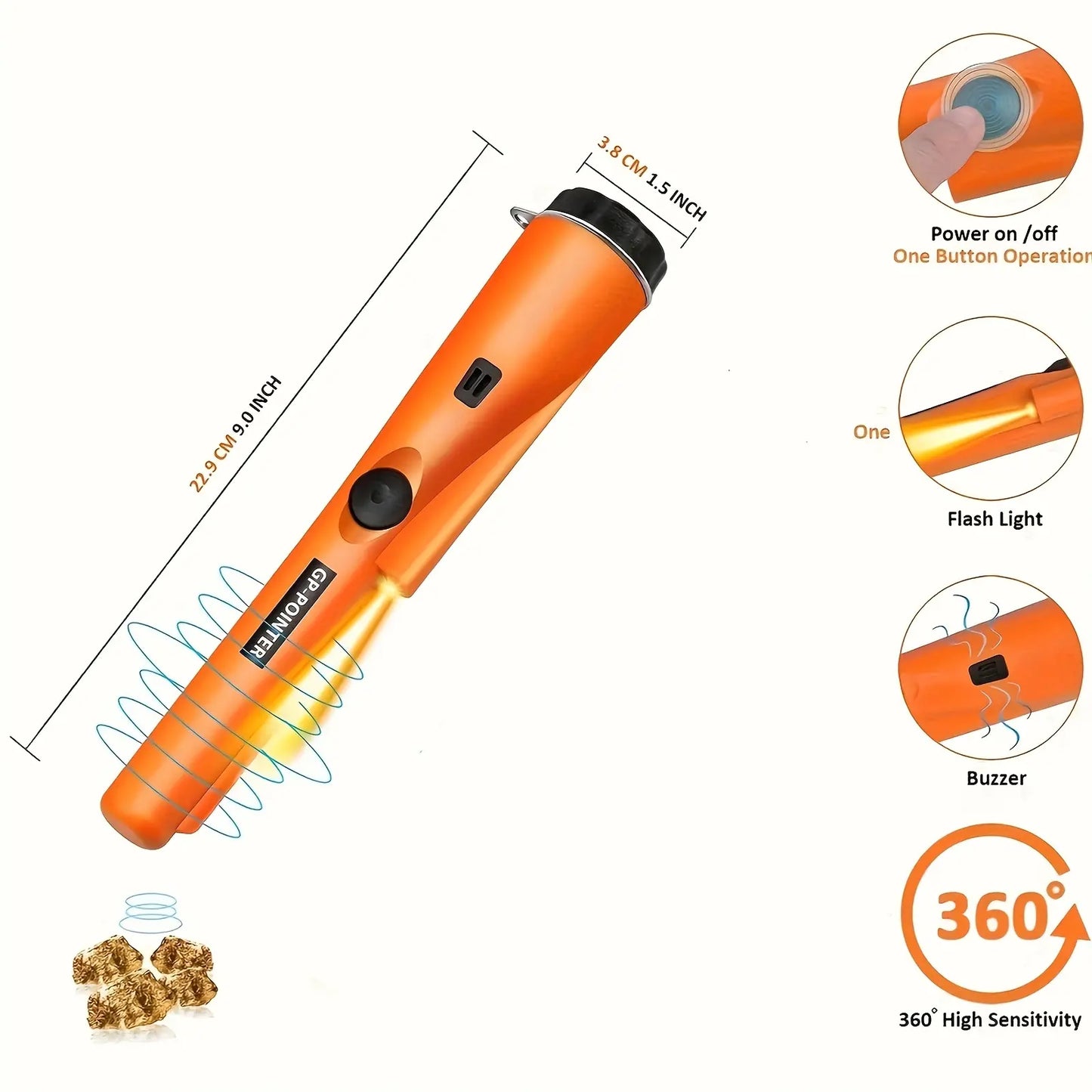 Handheld Metal Detector Pinpointer - with Buzzer/Vibration Alerts - for Golden, Silver, Relics - Features 360° Detection 128 - Durable Plastic Body - Metallic Finish - Battery-Powered (Excl.) - Ergonomic Design for Efficient Treasure Hunting