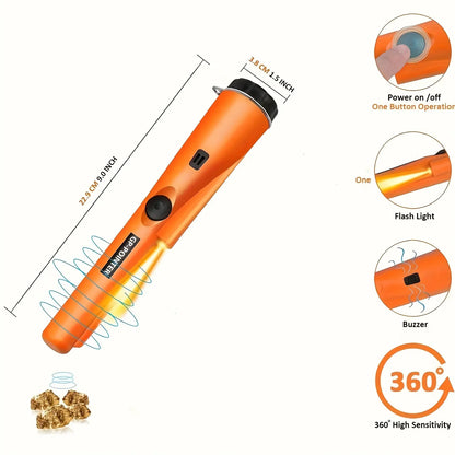 Handheld Metal Detector Pinpointer - with Buzzer/Vibration Alerts - for Golden, Silver, Relics - Features 360° Detection 128 - Durable Plastic Body - Metallic Finish - Battery-Powered (Excl.) - Ergonomic Design for Efficient Treasure Hunting