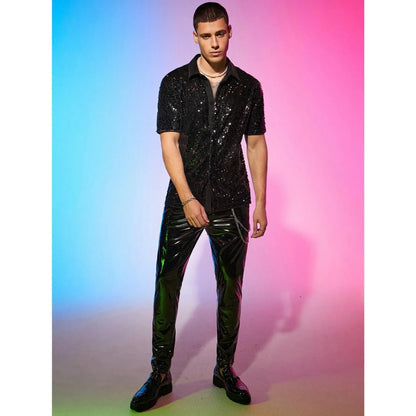 Men'S Short Sleeve Sequin Collared Shirt - Color Block Button-Down Menswear Top, Soft Polyester Fabric for Evening Club Nights, Men'S Fashion Party Wear