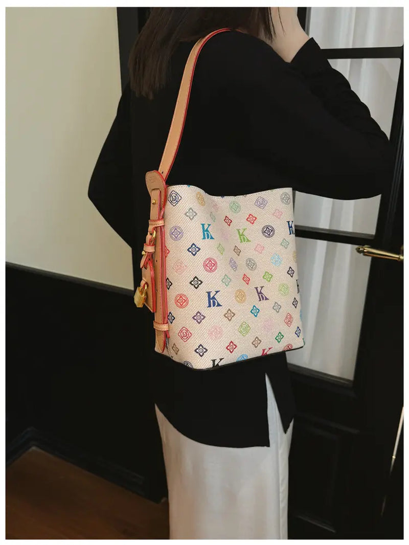 Women'S 2026 New Arrival Premium-Quality Vintage Printed Beige Bucket Bag, Crossbody & Shoulder Tote