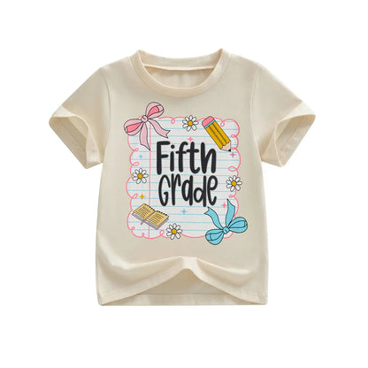 Toddler Baby Little Girl Back to School T Shirts Short Sleeve Grade Print Casual Summer Tops 4-11 Years