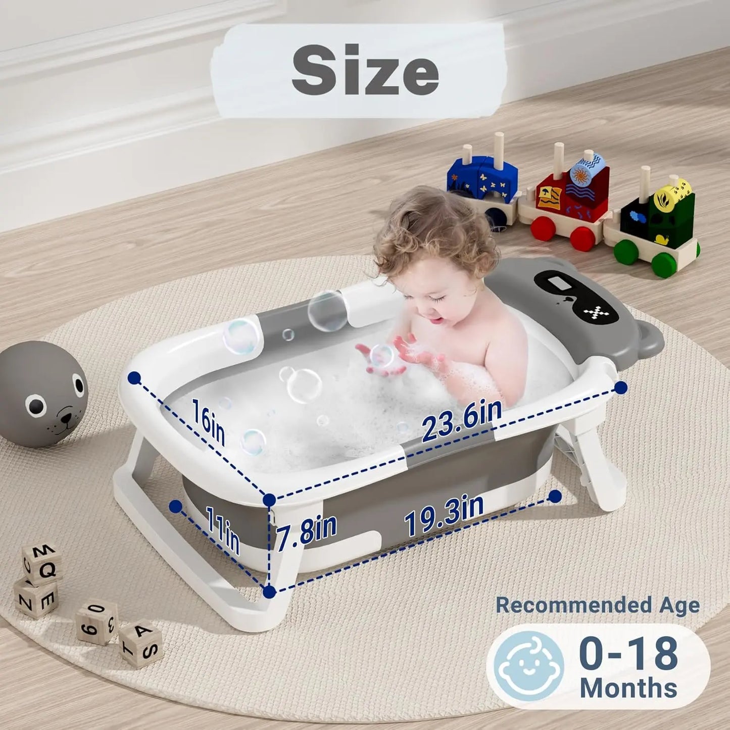 Baby Bathtub,Collapsible Bathtub for Newborn to Toddler,Durable Essential Infant Bath Tub,Portable Travel Baby Tub with Soft Cushion,No-Slip Hanging and Detachable(Grey)