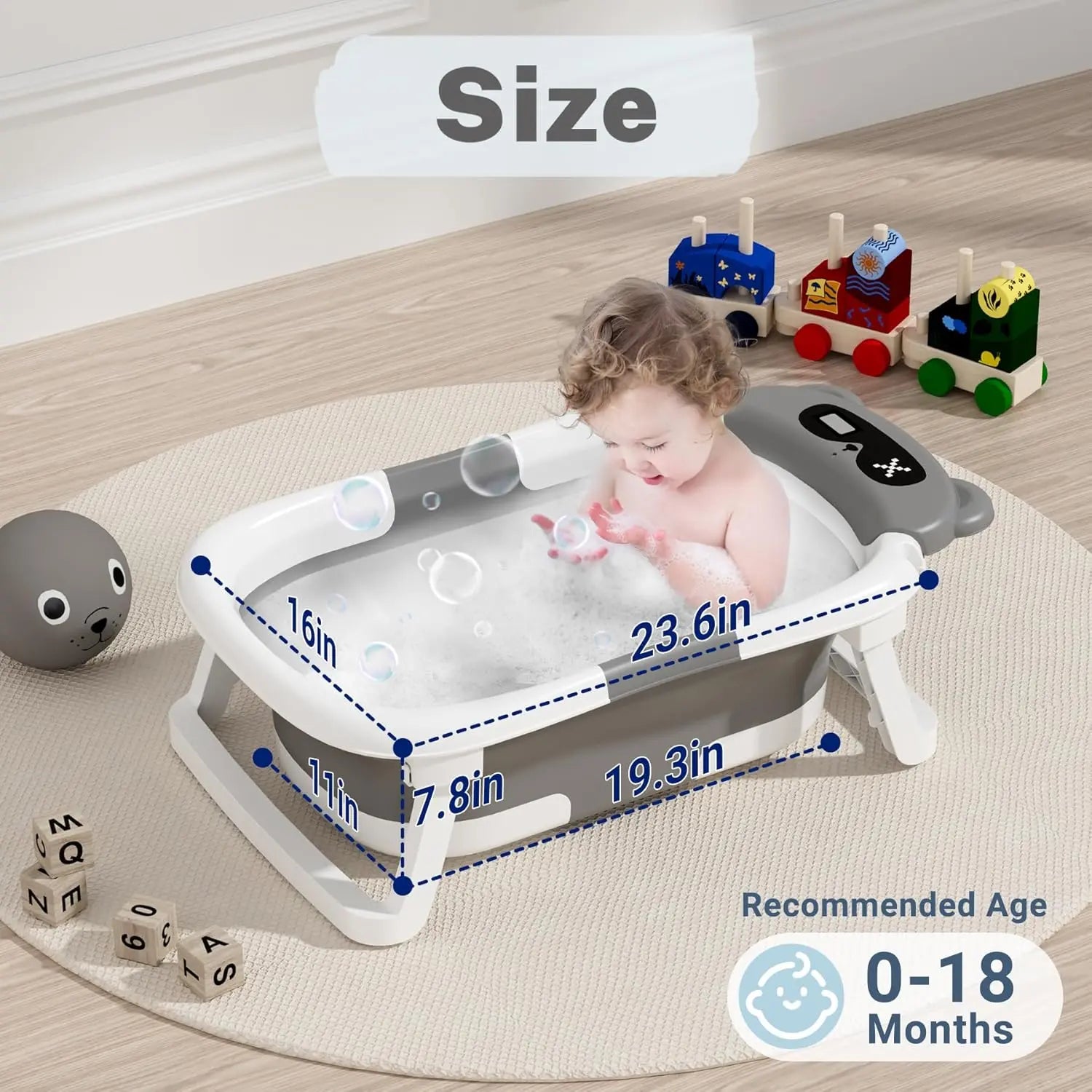 Baby Bathtub,Collapsible Bathtub for Newborn to Toddler,Durable Essential Infant Bath Tub,Portable Travel Baby Tub with Soft Cushion,No-Slip Hanging and Detachable(Grey)