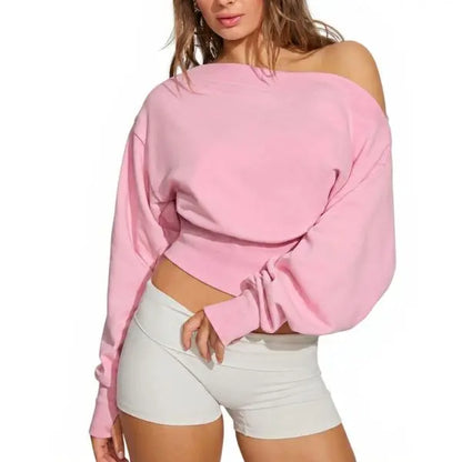 Fisoew Women'S Autumn/Winter Solid Color Casual Y2K Basic Off-Shoulder Sweatshirt — Elastic Street Style Top for Daily Wear & Back-To-School Streetwear