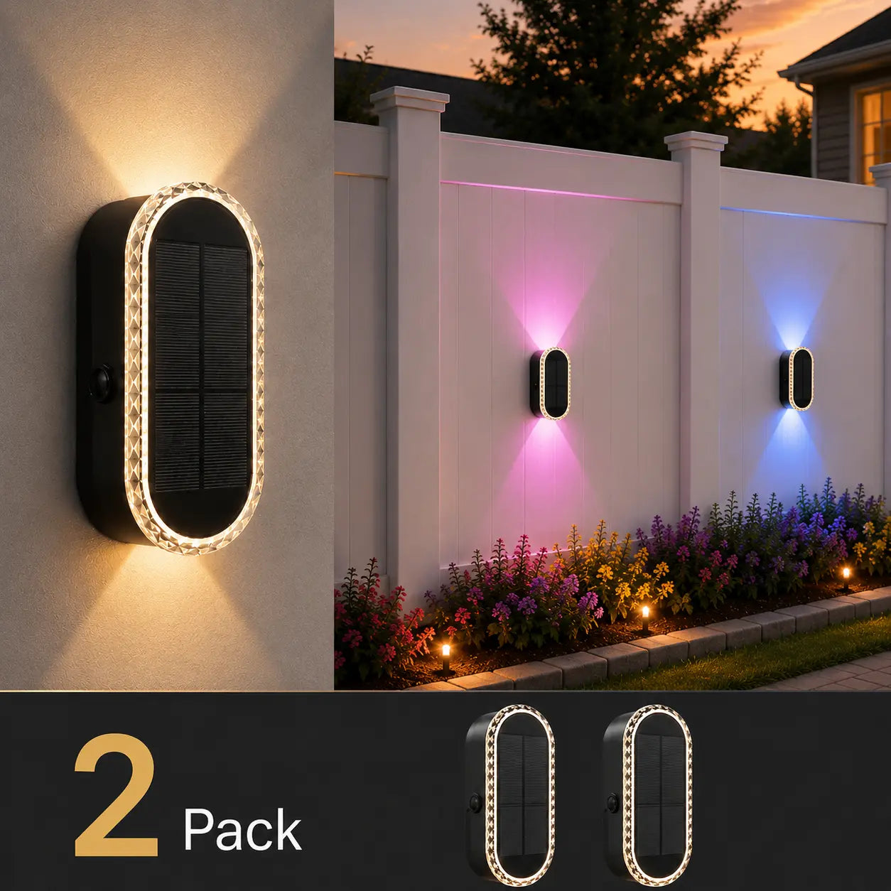 DERAYSION Solar Wall Lights Outdoor up down Dual-Lens, 2/4/6/10 Pack, Warm White + 7 Fixed RGB Colors & Cycle Mode, IP65 Waterproof Solar Fence Lights for Patio Garden Yard