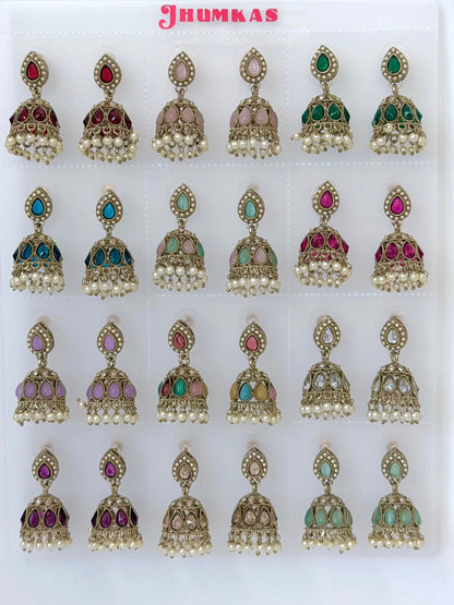 Polki Small Jhumka Pack - 12 Colors Traditional Indian Jewelry with Elegant Pearl Details