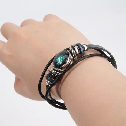2Pcs Multilayer Constellation Zodiac Leather Bracelet Handmade Woven Zodiac Sign Wrap Bracelet Wristband for Women Men Jewelry Birthday Gift
