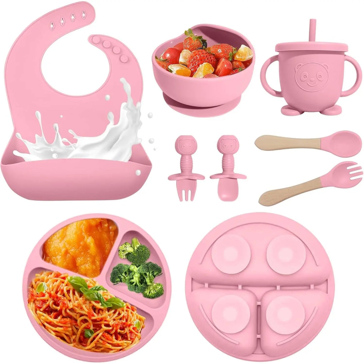 Baby Led Weaning Supplies, 8 Piece Bpa-Free Silicone Feeding Set, Silicone Suction Bowl, Forks & Spoons, Bib & Cup, Develops Self Feeding Skills, Dishwasher Safe, 6+ Months (Pink) Dinnerware