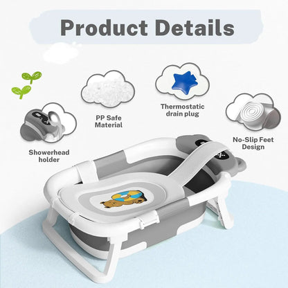 Baby Bathtub,Collapsible Bathtub for Newborn to Toddler,Durable Essential Infant Bath Tub,Portable Travel Baby Tub with Soft Cushion,No-Slip Hanging and Detachable(Grey)