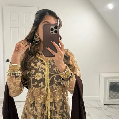 Indian Wedding Wear Long Style Net Sharara with Gold Sequin and Glitter Work for Women'S Party Wear Elegant Design and Versatile Occasion - Elegance, Dress Silk Golden Lightweight Outfit