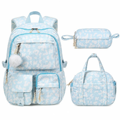 Similove Corduroy Floral Backpack for Girls, 3-Pocket Kawaii 3/4PCS Toddler Bookbag with Lunch Bag&Pencil Case&Water Bottle, Lightweight Casual Daypack for Preschool Travel