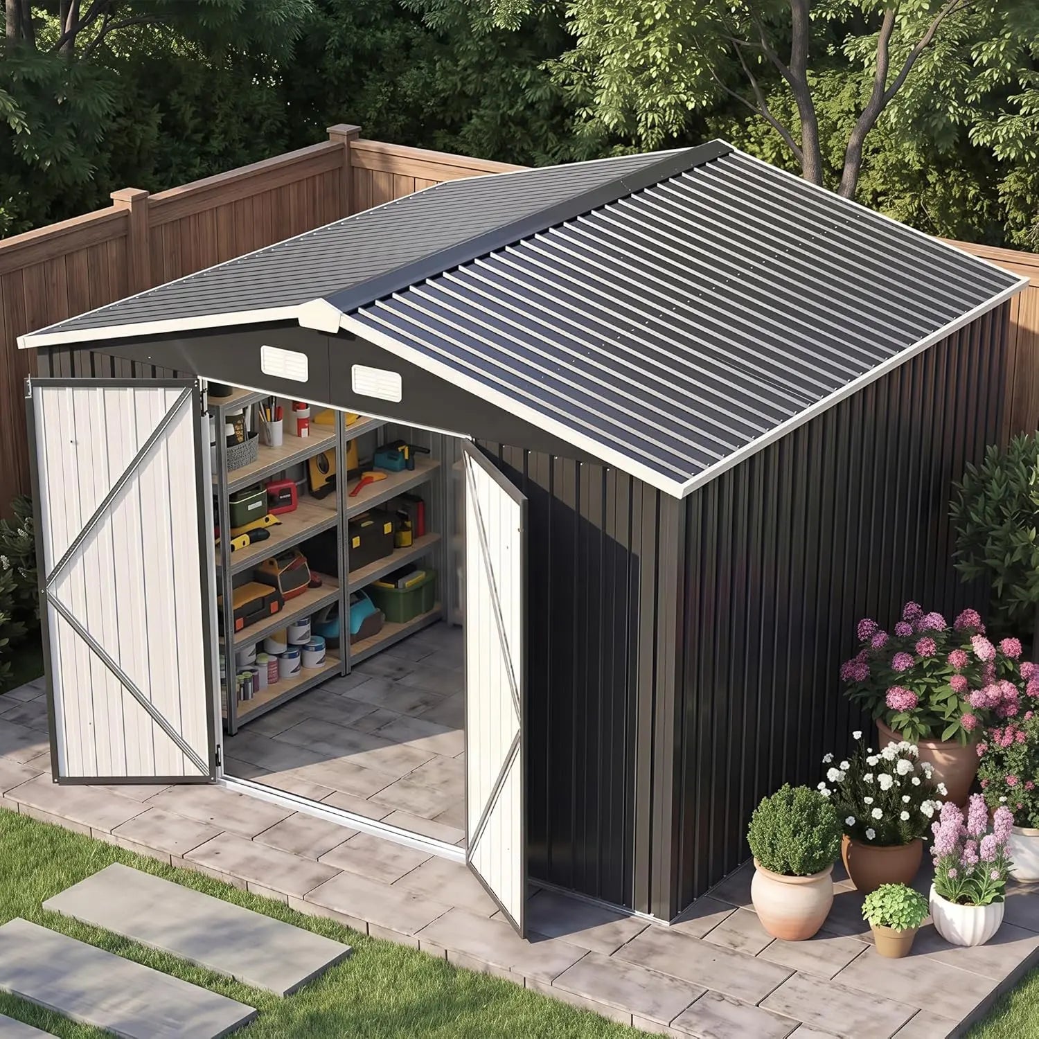 Aoxun Galvanized Steel Outdoor Storage Shed, 10'×8' Gable Roof Metal Tool Shed with Lockable Double Doors, Black for Backyard, Patio,Campingessentials,Outdoorfurnitureset,Campinggear Durable Garden Shed