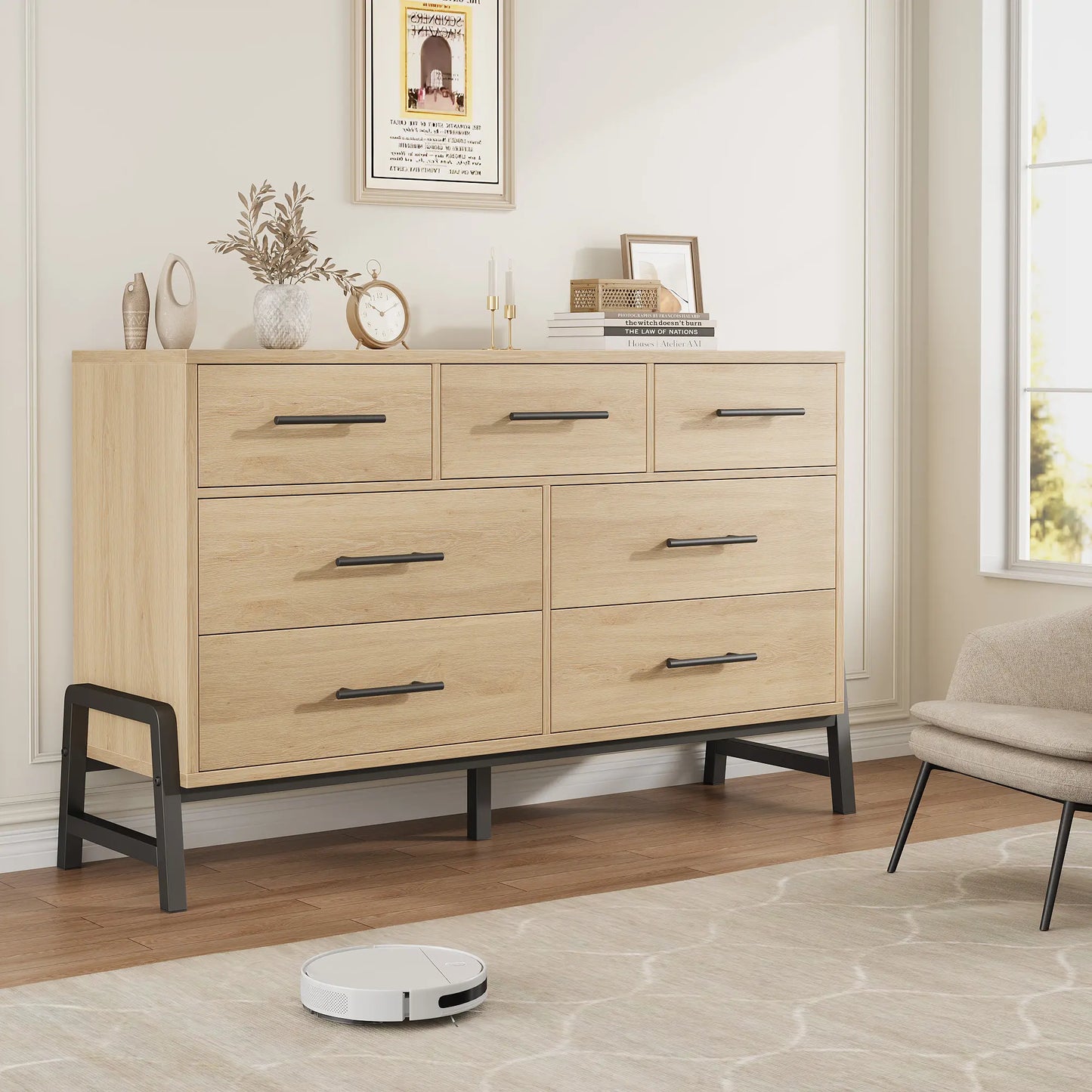 Modern 7-Drawer Wide Dresser for Bedroom - Freestanding Wooden Storage Chest - Large Drawers for Entryway, Living Room, or Closet - Natural Oak Finish
