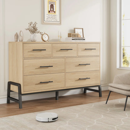 Modern 7-Drawer Wide Dresser for Bedroom - Freestanding Wooden Storage Chest - Large Drawers for Entryway, Living Room, or Closet - Natural Oak Finish