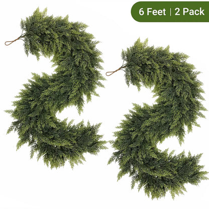 2-Pack 6 FT Artificial Cedar Garlands, Real Touch Winter Cedar Garland, Green Artificial Greenery Pine Garland for Table, Mantle, Wall, Indoor & Outdoor Christmas Decorations (2 Pcs, 6 FT).