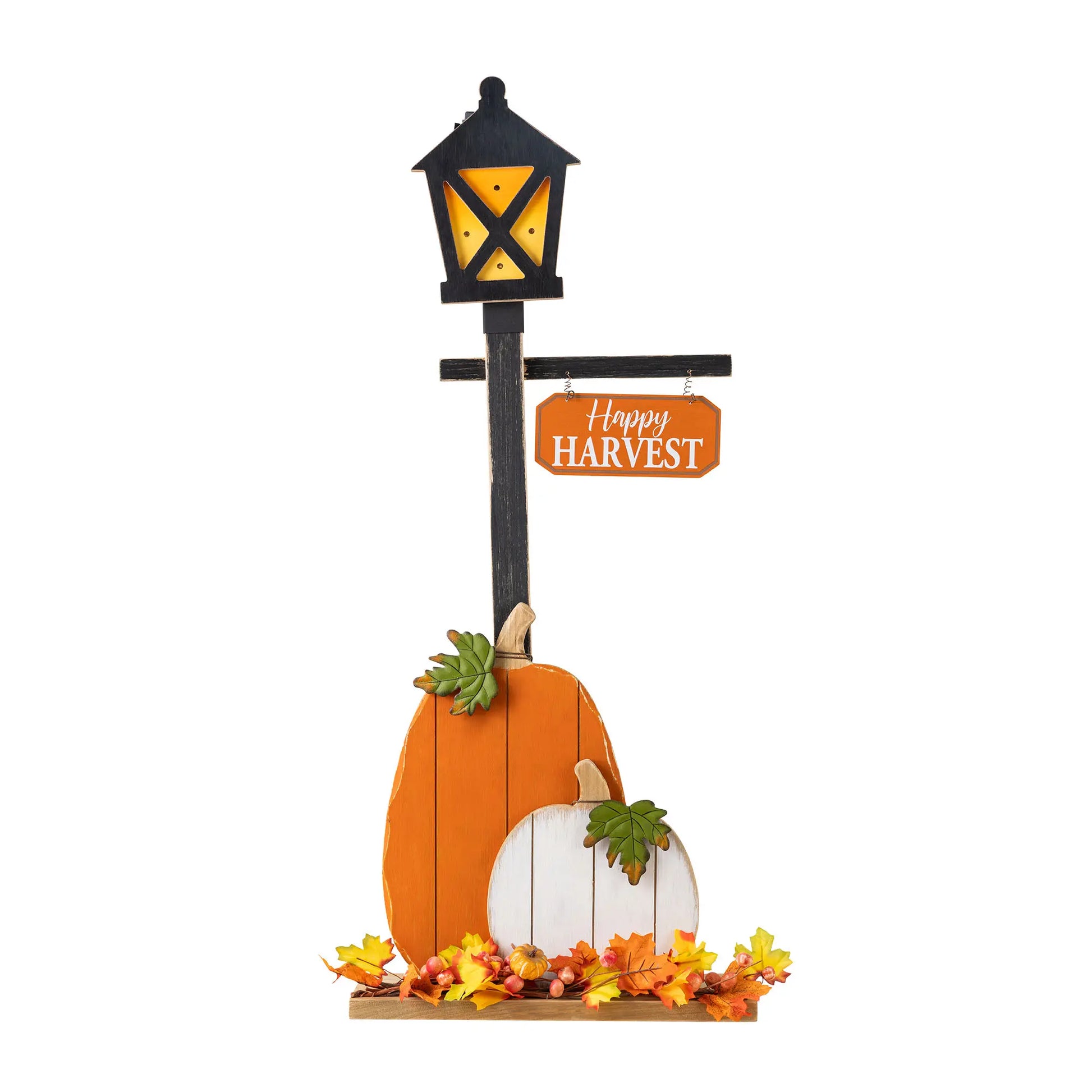 Glitzhome 36"H Rustic Lighted Wooden Pumpkin Lantern Lamp Post, Festive Decoration with Timer, Knock-Down Entryway Holiday Ornaments for Porch