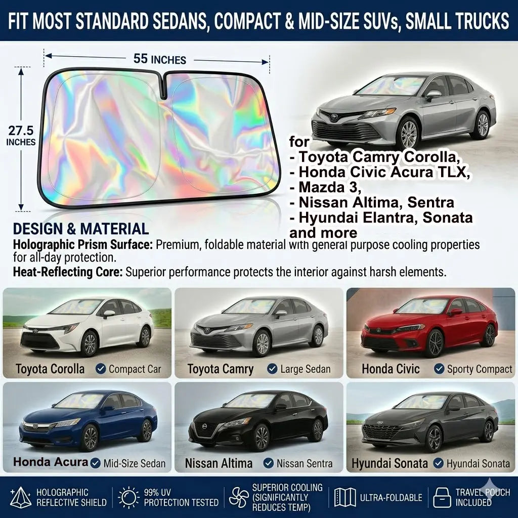 #Summervibes Laser Car Windshield Sunshade Iridescent Sun Shade, Foldable Universal Upgrade Enhanced UV Rays Reflective Sun Visor Shade Keeps Vehicle Cool #Summervibes