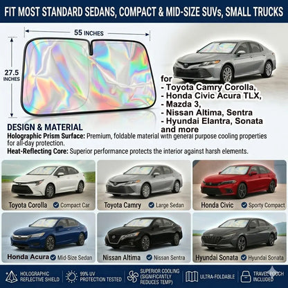 #Summervibes Laser Car Windshield Sunshade Iridescent Sun Shade, Foldable Universal Upgrade Enhanced UV Rays Reflective Sun Visor Shade Keeps Vehicle Cool #Summervibes