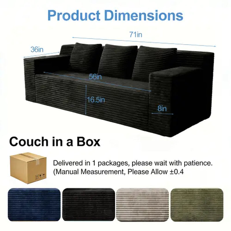 71-Inch 3-Seat Boneless Sofa, Corduroy Foam Couch with 3 Throw Pillows, Straight Arms, Side Pockets, No Assembly Required