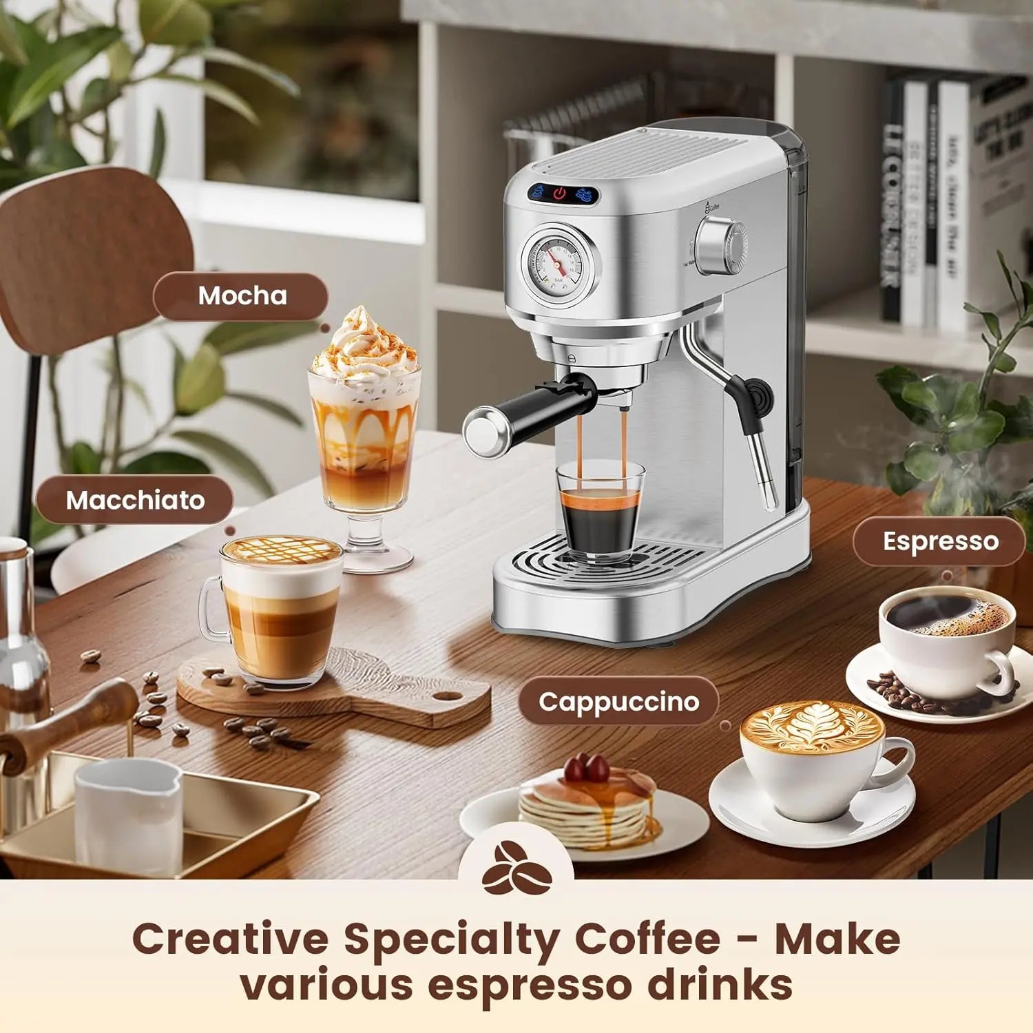 20 Bar Espresso Machine for Home, Semi-Automatic Coffee Maker with Milk Frother Steam Wand, 1450W Motor, 34Oz Water Tank for Latte, Cappuccino, Iced Coffee & Summervibes