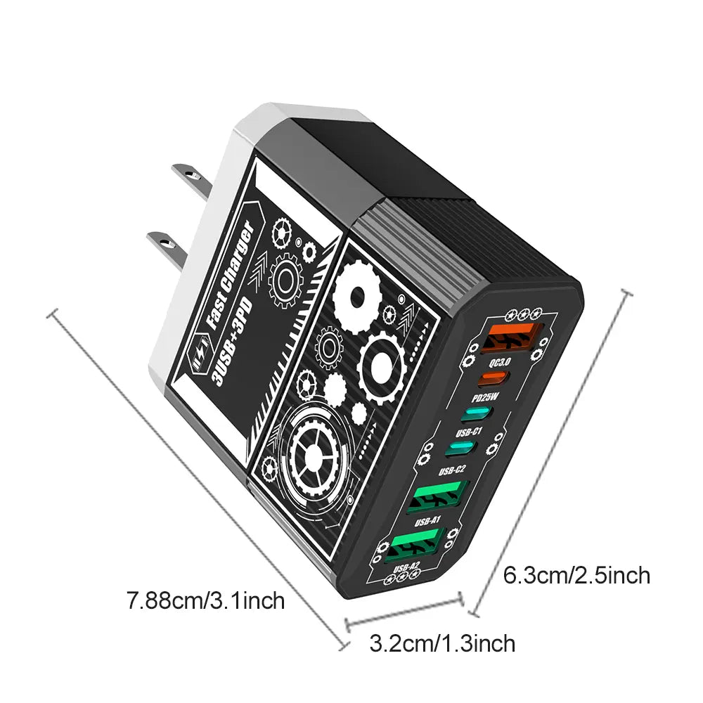 6-Port Fast Charger 3USB-C+3USB-A Fast Charger Portable Intelligent Charger Multiple Interfaces Portable for Pad, Iphon Digital Smartphone Electronic