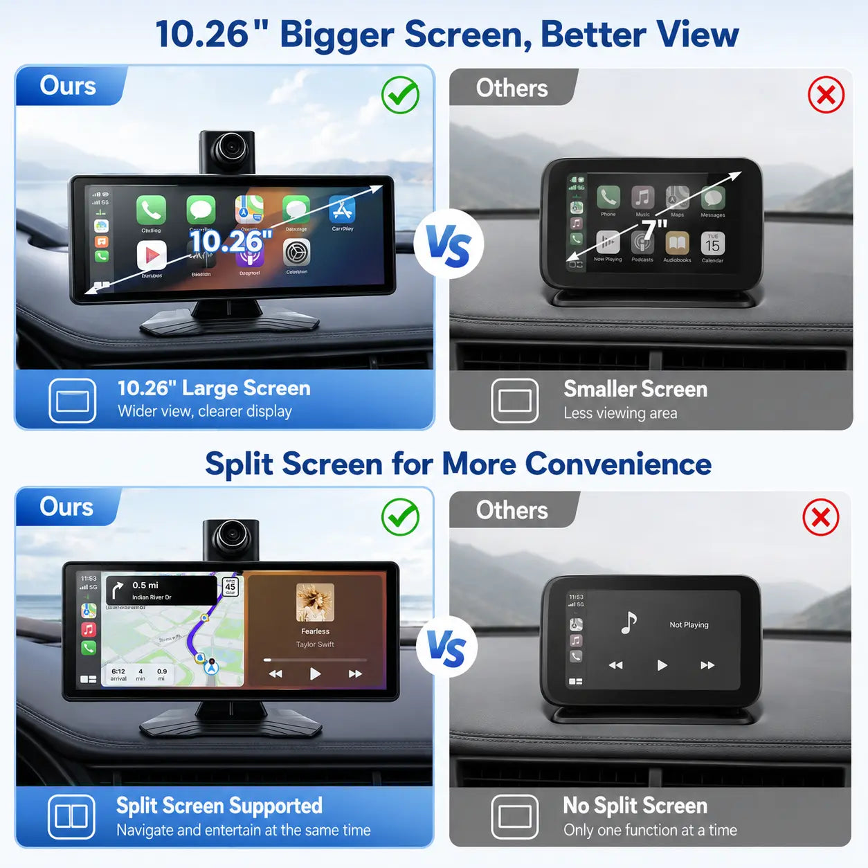 10.26 Inch Full HD Car Touch Screen, Wireless Carplay & Android Auto, Smart Voice Control, Built-In Dash Cam, Auto Pop-Up Rear View Camera, Universal for All Vehicles