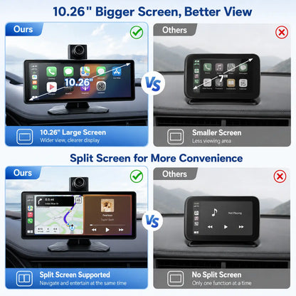 10.26 Inch Full HD Car Touch Screen, Wireless Carplay & Android Auto, Smart Voice Control, Built-In Dash Cam, Auto Pop-Up Rear View Camera, Universal for All Vehicles