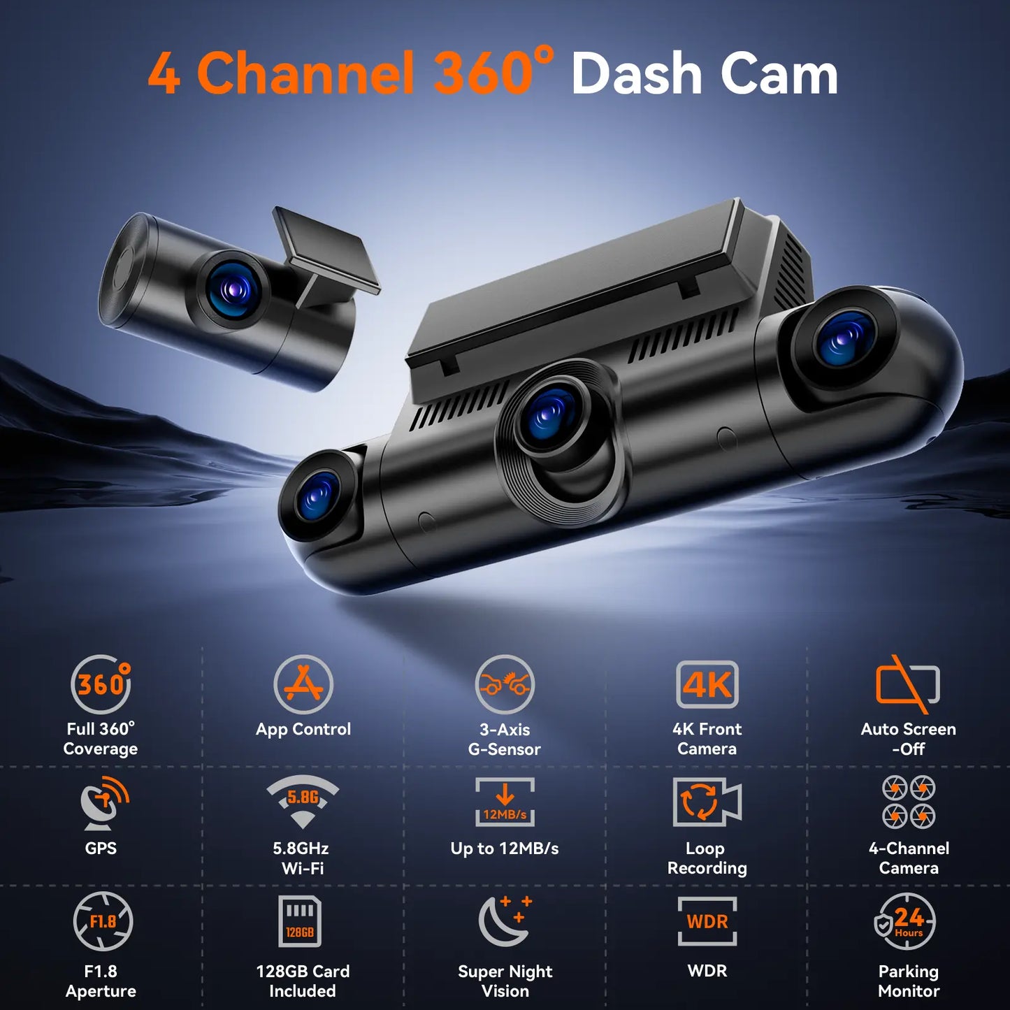 4K 4 Channel Dash Cam Front & 170° to 150° Ultra-Wide Angle 4Lenses Simultaneous Recording 5.8Ghz Wifi GPS 8 IR Lights Gravity Sensor Loop Recording 128GB SD Card Video Dashcam 4-Lens