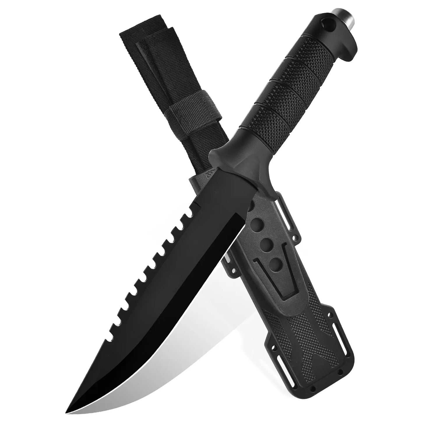 Multi Profile Kitchen Meat Cutting Knife - Black Coated Stainless Steel Fixed Blade with Segmented Textured Anti-Slip Handle for Household Food Prep, Kitchen Knives