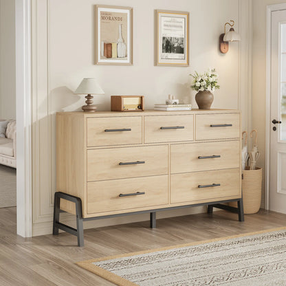 Modern 7-Drawer Wide Dresser for Bedroom - Freestanding Wooden Storage Chest - Large Drawers for Entryway, Living Room, or Closet - Natural Oak Finish