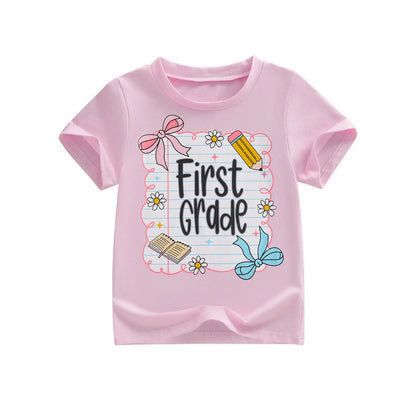 Toddler Baby Little Girl Back to School T Shirts Short Sleeve Grade Print Casual Summer Tops 4-11 Years