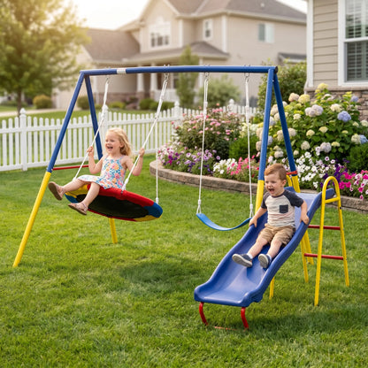Unisex 3-In-1 Heavy-Duty Metal Playground Equipment Combo - Backyard A-Frame Stand, Toddler Outdoor Slide, 32" Saucer Swing Seat, PE Kids Sports Play Gear, Toddler Slide Outdoor