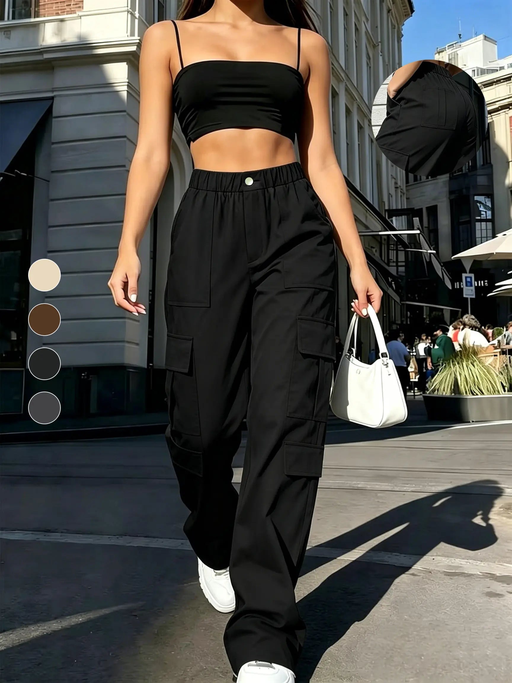 Women’S Cargo Straight-Leg Pants, Mid-Rise Elastic Waistband, Large Side Pockets, Drapey Fabric, Versatile Wide-Leg Floor-Length Casual Pants, Street-Style Trendy Long Pants Summerwins