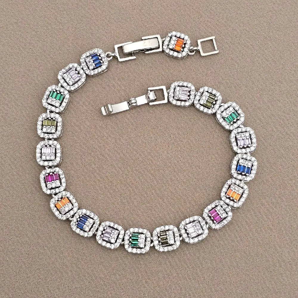 Women'S Elegant Multi-Color Zircon Silver Bracelet, Fashion Jewelry for Daily Wear & Special Occasions