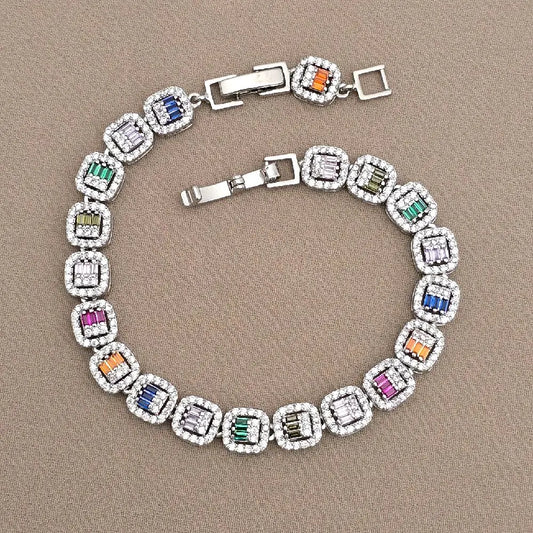 Women'S Elegant Multi-Color Zircon Silver Bracelet, Fashion Jewelry for Daily Wear & Special Occasions