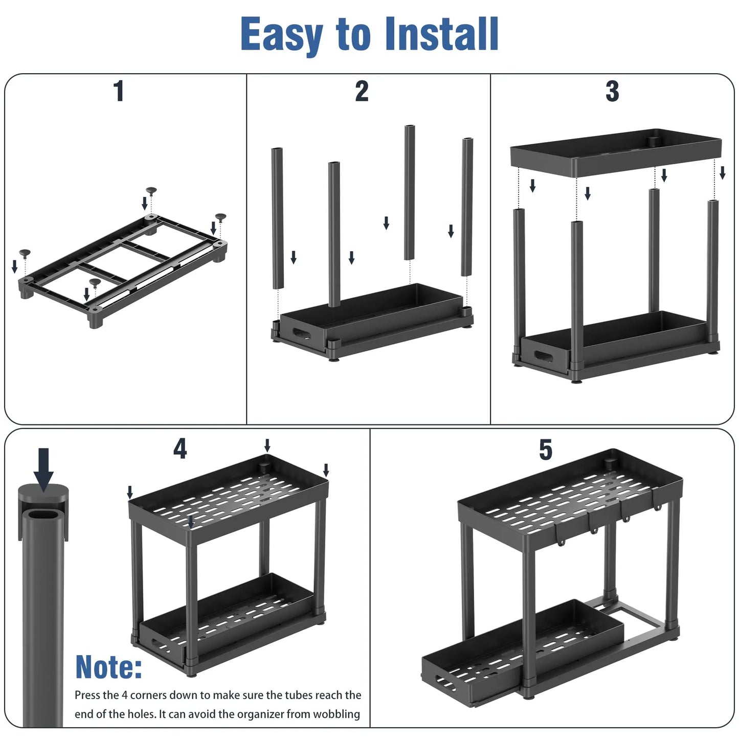 2Pcs under Sink Organizer - Multi-Purpose, 2 Tier Sliding Cabinet Basket, Metal Pipe, 8 Hooks for Kitchen and Bathoom under Sink Organizers and Storage